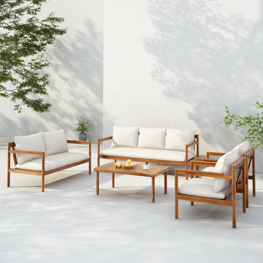 imageChristopher Knight Home Vorms 5Piece Acacia Wood Patio Furniture Set with Rope Backrest Patio Conversation Chat Set for Backyard Balcony Outdoor 7Seater Seating Group with Coffee Table TeakCreamTeakcream  7seater Set