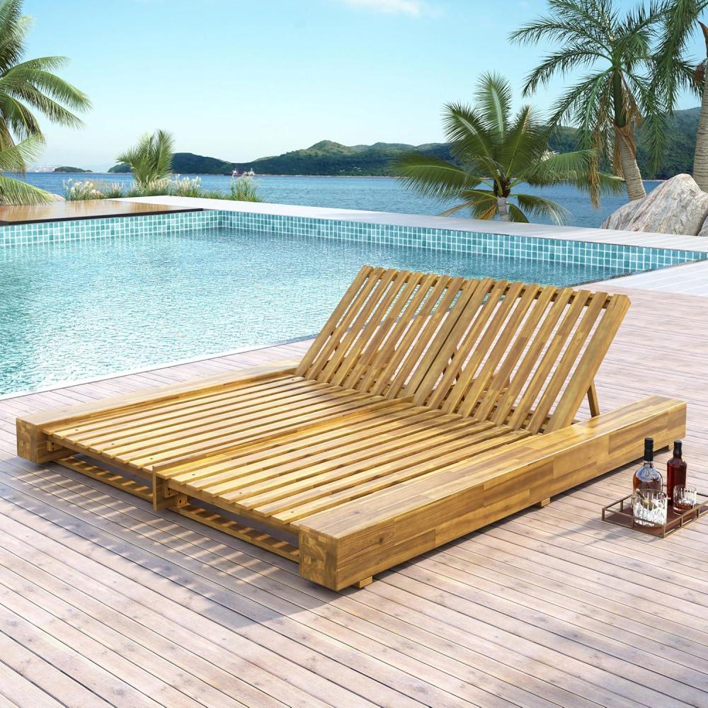 imageChristopher Knight Home Yoky Acacia Wood Chaise Lounge Chair Outdoor Spacious Double Outdoor Chaise Lounge 4 Position Adjustable Backrest Pool Lounger Garden Poolside Backyard Seating TeakTeak