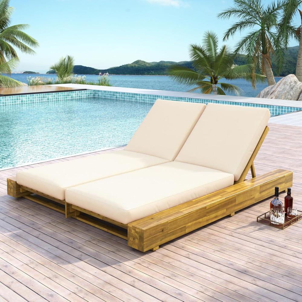 imageChristopher Knight Home Yoky Acacia Wood Chaise Lounge Chair Outdoor Spacious Double Outdoor Chaise Lounge 4 Position Adjustable Backrest Pool Lounger Garden Poolside Backyard Seating TeakTeak  Cream