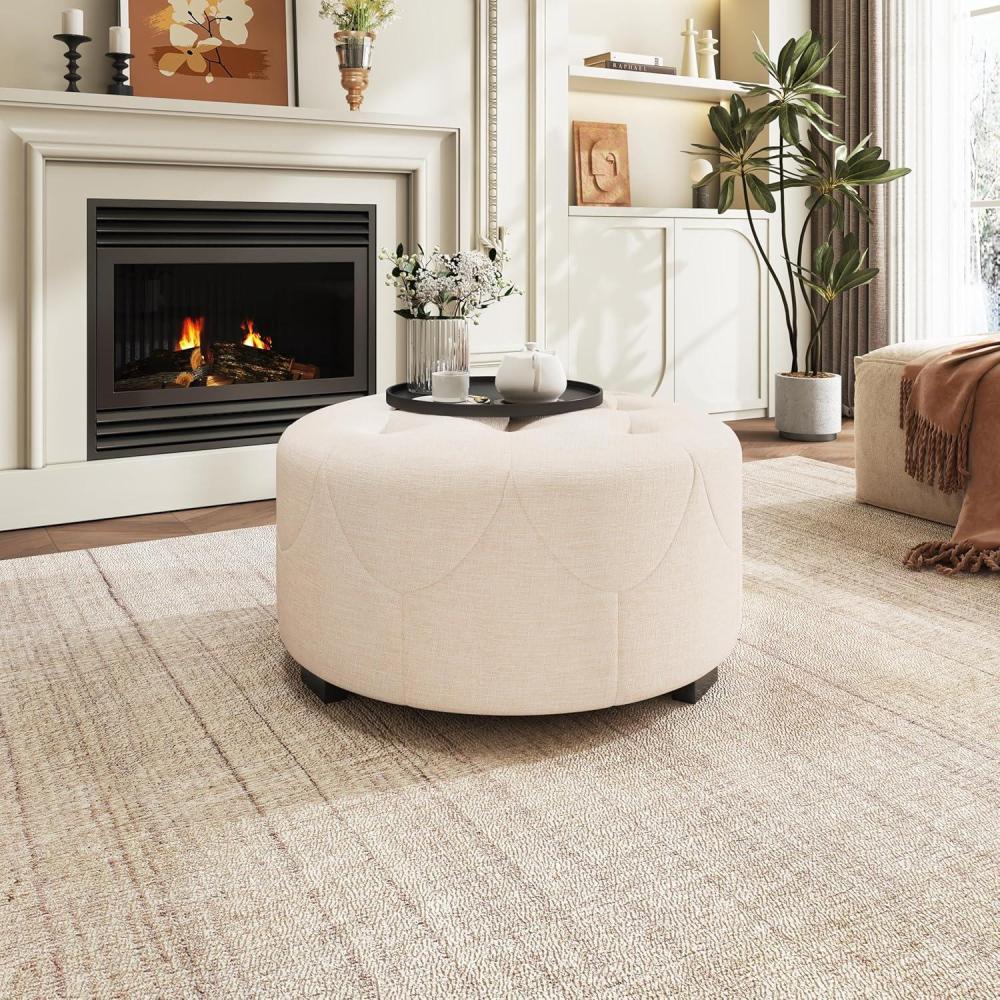 imageChristopher Knight Home York Linen Fabric Upholstered Ottoman Wooden Round Ottoman Coffee Table Modern Living Room Ottoman Foot Stool Extra Seat Sofa Footrest BeigeBeige