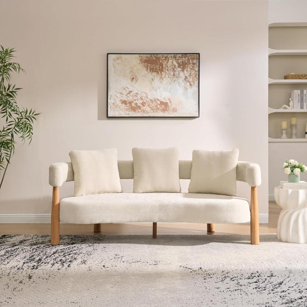 imageChristopher Knight Home Yulez Curved 3Seater Sofa Couch with 3 Accent Pillows Boucle Fabric Upholstered Lounge Seating 765 Home Office Bedroom Sofa Chair Comfy Wooden Frame Sofa Sesame BeigeBeige