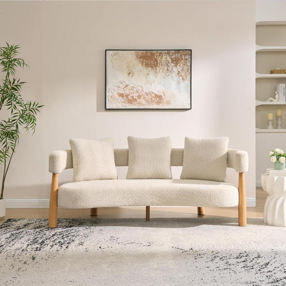 imageChristopher Knight Home Yulez Curved 3Seater Sofa Couch with 3 Accent Pillows Boucle Fabric Upholstered Lounge Seating 765 Home Office Bedroom Sofa Chair Comfy Wooden Frame Sofa Sesame BeigeSesame Beige