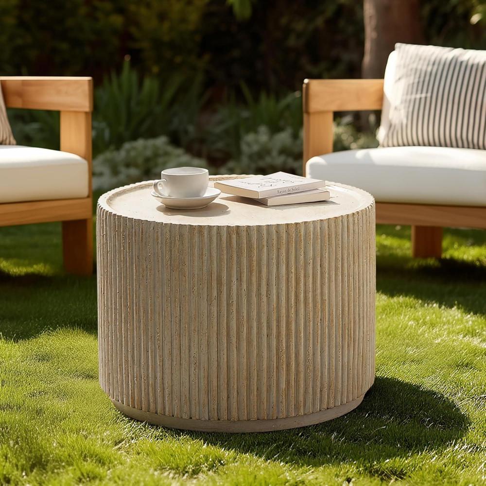imageChristopher Knight Home Yunara 17quot H Lightweight Concrete End Table with Stunning Fluted Design Indoor Outdoor Accent Side Table Travertine Effect Round Coffee Table No Assembly Natural