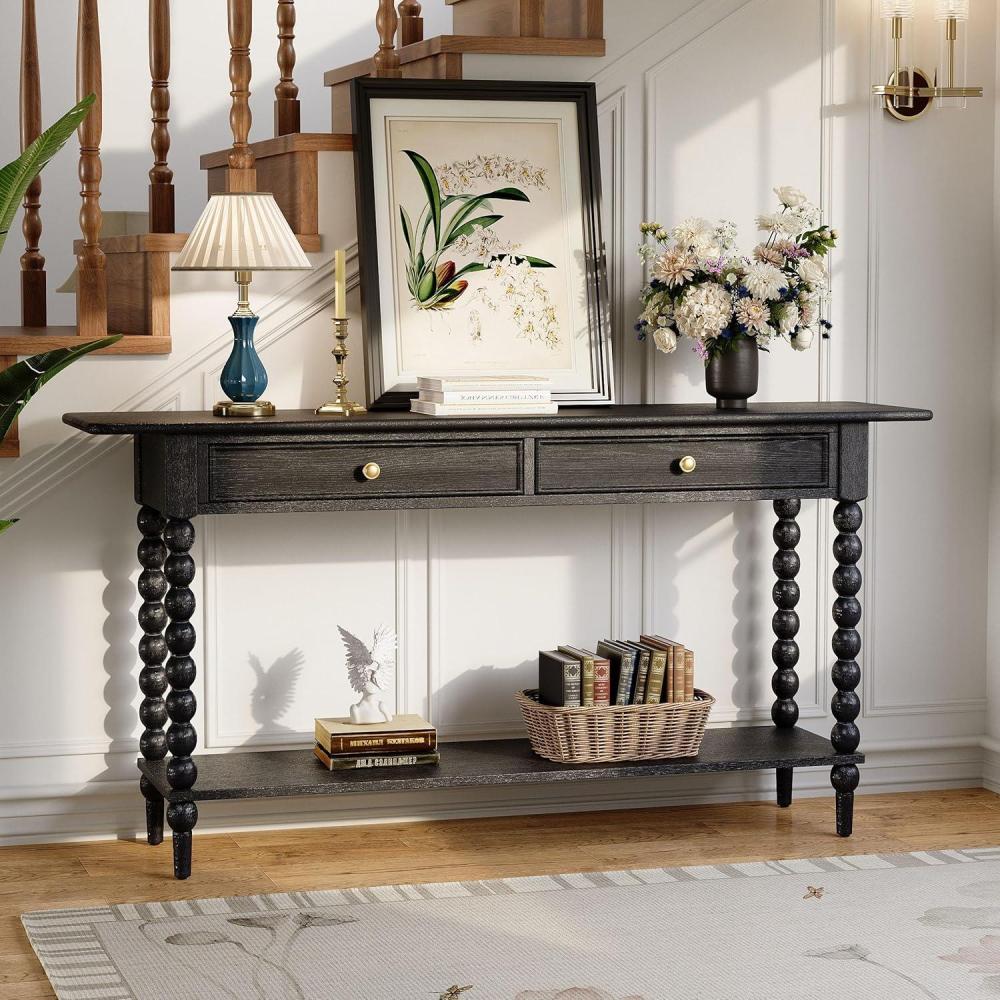 imageChristopher Knight Home Zeka Narrow Console Table with Storage Wood Entryway Table with 2 Drawers and 1 Bottom Shelf Retro Display Table with Unique Spherical Legs for Hallway Living Room BlackBlack
