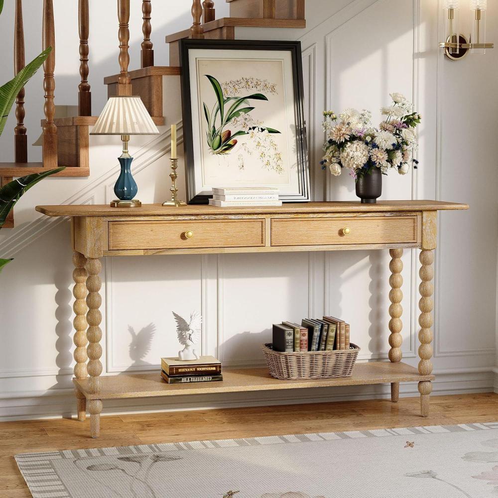 imageChristopher Knight Home Zeka Narrow Console Table with Storage Wood Entryway Table with 2 Drawers and 1 Bottom Shelf Retro Display Table with Unique Spherical Legs for Hallway Living Room BlackNatural