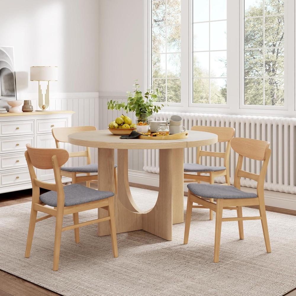 imageChristopher Knight Home Zeka Wooden Round Dining Table Set for 4 5 Piece Dining Set Dining Room Table Set for 4 Kitchen Table with Cross Leg and Upholstered Chairs Light Grey  NaturalLight Grey  Natural