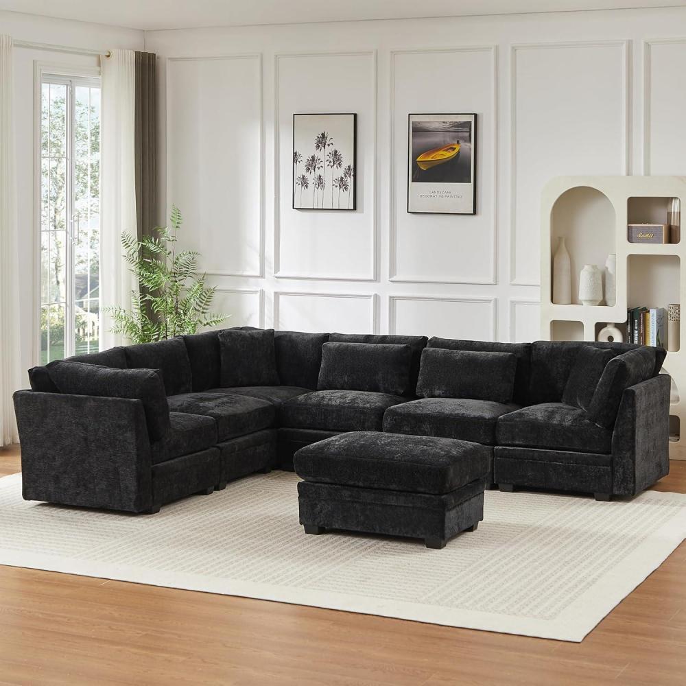 imageChristopher Knight Home Zery 7Piece UShape Lounge Sofa Couch with Ottomans Modern Modular Sectional Sofa Set with Pillow Back for Living Room Chenille Upholstered Cloud Couch with Deep SeatBeigeBlack