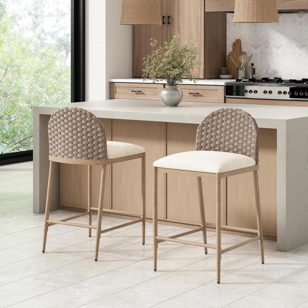 imageChristopher Knight Home Zicla 2925 Counter Height Bar Stools Set of 2 Fabric Upholstered Bar Stool with PE Rattan Backrest Iron Frame Dining Room Chair Counter Stools with Footrest BeigeBrown25