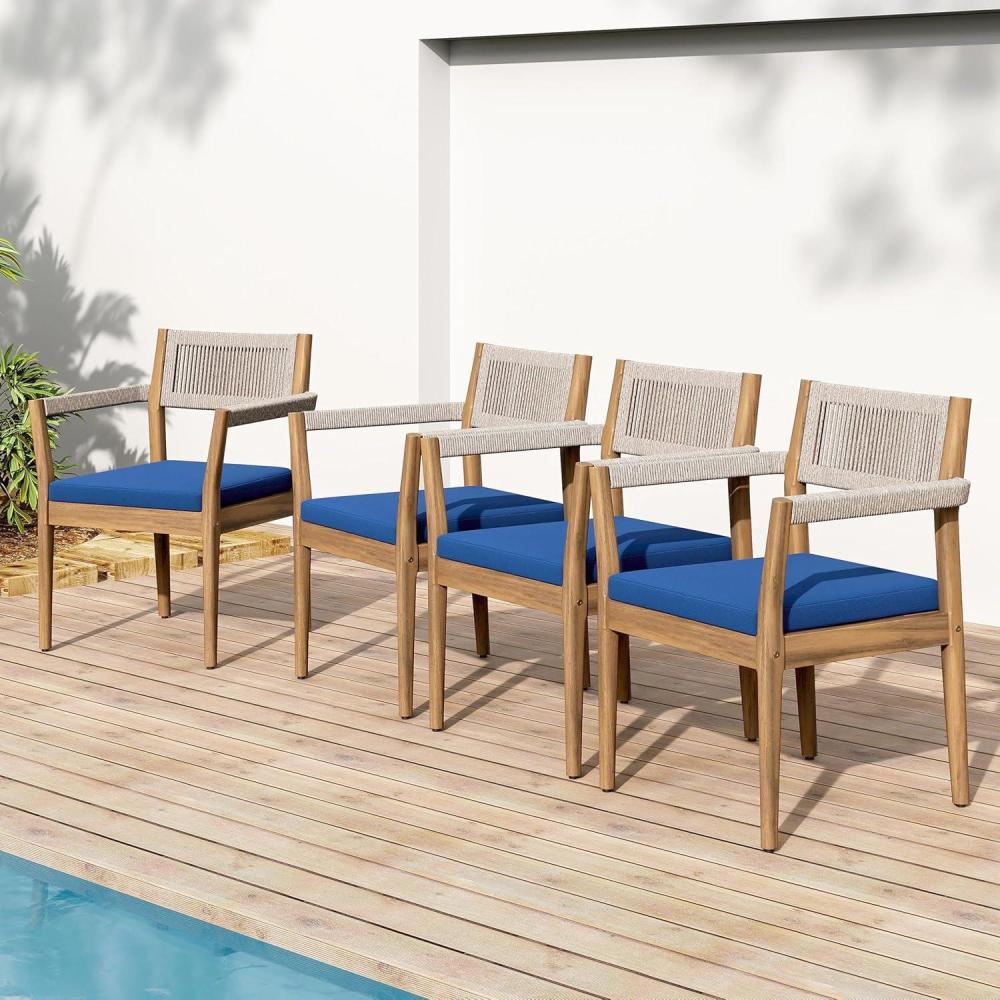 imageChristopher Knight Home Zoe Outdoor Dining Chairs Set of 4 Acacia Wood Dining Room Chairs with Cushions Comfy Garden Seating with Handwoven Rope Accent Patio Chairs Set of 4 Blue NavyTeakBeigeBlue Navyteakbeige