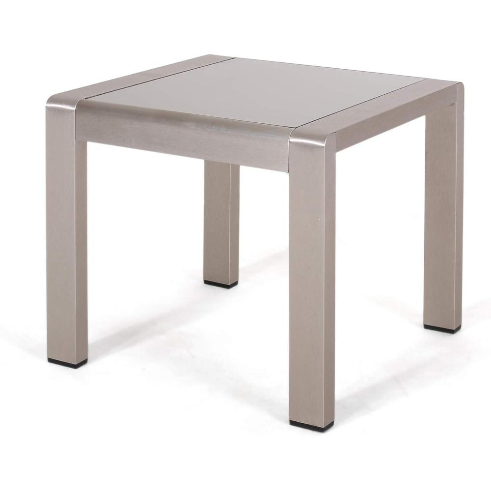 imageGDFStudio Cape Coral Aluminum Outdoor Side Table with Glass Top Patio Square Coffee Table Matte GraySilver