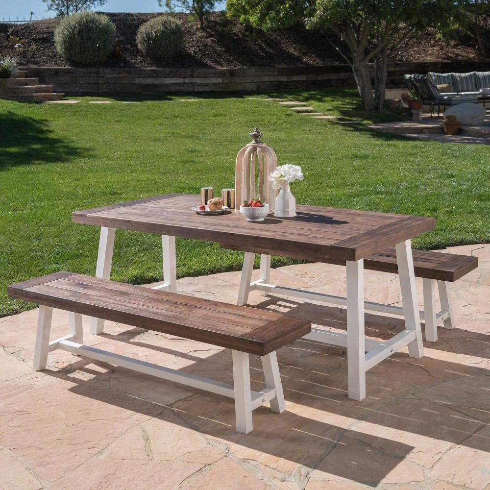 imageGDFStudio Cassie Outdoor Modern Industrial 3 Piece Acacia Wood Picnic Dining Set with Benches Sandblasted Dark Brown and White Rustic MetalSandblasted Dark Brown White Rustic Metal
