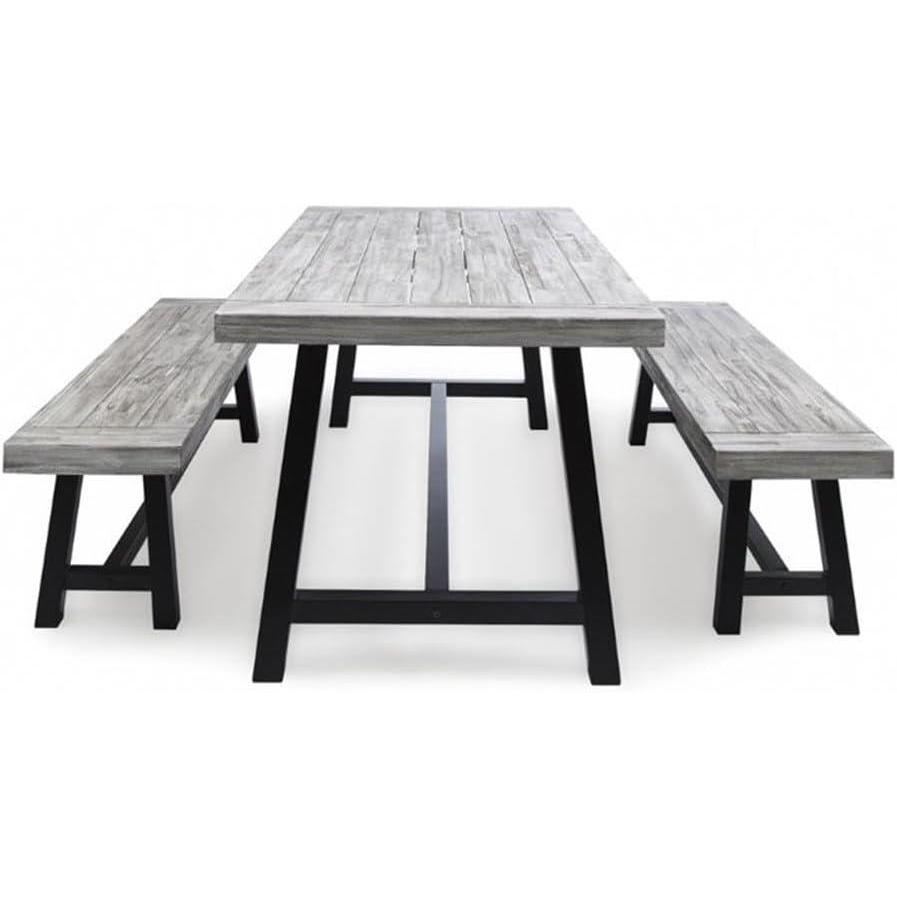 imageGDFStudio Cassie Outdoor Modern Industrial 3 Piece Acacia Wood Picnic Dining Set with Benches Sandblasted Dark Brown and White Rustic MetalSandblasted Light Gray Black Rustic Metal