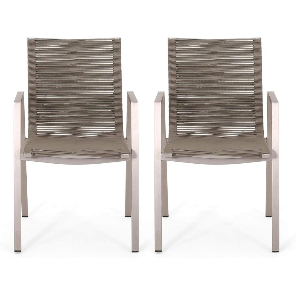 imageGreat Deal Furniture Elma Outdoor Modern Aluminum Dining Chair with Rope Seat Set of 2 Gray and Dark GraySilver Taupe
