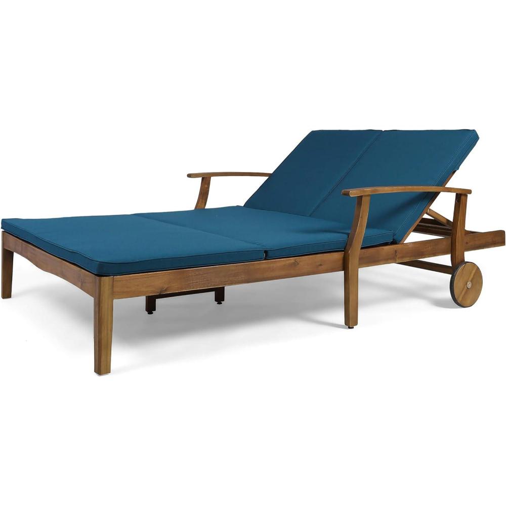 imageGreat Deal Furniture Samantha Double Chaise Lounge for Yard and Patio Acacia Wood Frame Teak Finish with Cream Cushions 307569Blue
