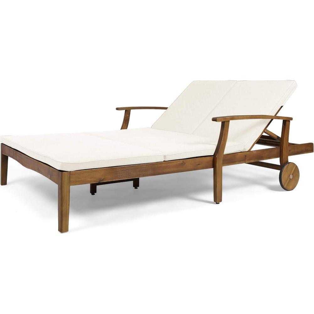 imageGreat Deal Furniture Samantha Double Chaise Lounge for Yard and Patio Acacia Wood Frame Teak Finish with Cream Cushions 307569Teak Finish Cream