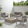 Christopher Knight Home Cape Coral Outdoor Aluminum Chat Set with Fire Table, Khaki / Light Grey