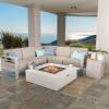 Christopher Knight Home Cape Coral Outdoor V-Shaped Sofa set with Fire Table, Khaki / Light Grey