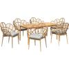 Christopher Knight Home Dessa 7 Pieces Dining Set, Faux Rattan Dining Chairs, Petal-Shaped Accent Chair, Acacia Wood Table, Slats Panel Design Table and Wicker Chairs Set for 6 Backyard, Teak+Beige