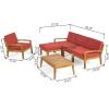 Christopher Knight Home Grenada 4-Seater Sectional Sofa Set for Patio with Club Chair, Ottoman, and Coffee Table, Acacia Wood, Teak Finish with Red Outdoor Cushions