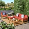 Christopher Knight Home Grenada 4-Seater Sectional Sofa Set for Patio with Club Chair, Ottoman, and Coffee Table, Acacia Wood, Teak Finish with Red Outdoor Cushions