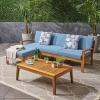 Christopher Knight Home Grenada Sectional Sofa Set | 5-Piece 3-Seater | Includes Coffee Table and Ottoman | Acacia Wood Frame | Water-Resistant Cushions | Teak and Blue, Finish