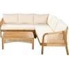 Christopher Knight Home Havets 78.75″ Sectional L Shaped Sofa, Slat Coffee Table, 4 Pieces Acacia Wood Patio Furniture Set, Faux Rattan Chair and Table Set for Backyard Garden Balcony, Teak+Beige