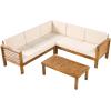 Christopher Knight Home Havets 81.25″ Sectional L Shaped Sofa, 4 Pieces Acacia Wood Patio Furniture Set, Slat Coffee Table, Spacious Seat and Table Set for Backyard Garden Balcony, Teak+Beige