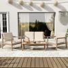 Christopher Knight Home Hearth Patio 4 Pieces Conversation Set, Acacia Wood Loveseat and Accent Armchairs, Slat Panel Coffee Table, Side Table with Sofa Chairs Chat Set for Garden Yard, Light Teak