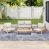 Christopher Knight Home Jorine 4 Pieces Conversation Set, Acacia Wood Club Chairs and Loveseat, Rectangular Coffee Table, Accent Chairs and Sofa Set with Coffee Table for Porch Yard, Teak+Beige