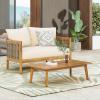 Christopher Knight Home Kayiz Patio Acacia Wood Conversation Set, Outdoor Loveseat with Coffee Table, Outdoor Chat Set Seating Group for Backyard Deck, PE Rattan Accents, Teak+Mixed Brown+Beige