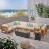 Christopher Knight Home Maliwi Outdoor U-Shaped Acacia Wood 8-Seater Sectional Conversation Set with Fire Pit and Water Resistant Cushions, 116.50 “W x 88.50 “D x 26.5 “H, Teak + Beige + Dark Gray