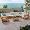 Christopher Knight Home Oana Outdoor Acacia Wood 9 Seater Sectional Sofa Chat Set with Cushions, 28 “W x 30.25 “D x 26.5 “H, Teak + Beige
