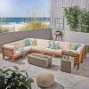 Christopher Knight Home Oana Outdoor U-Shaped 8 Seater Acacia Wood Sectional Sofa Set with Fire Pit, 28 “W x 30.25 “D x 26.5 “H, Teak + Beige + Light Gray