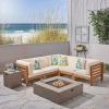 Christopher Knight Home Oana V-Shaped Sectional Sofa Set with Fire Pit-7-Piece 5-Seater-Acacia Wood-Outdoor Cushions, 28 “W x 30.25 “D x 26.5 “H, Teak + Beige + Light Gray