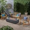 Christopher Knight Home Outdoor 5 Piece Acacia Wood and Wicker Conversation Set with Fire Pit, Gray and Dark Gray