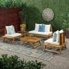 Christopher Knight Home Outdoor Acacia Wood 4 Seater Chat Set with Side Table and Coffee Table, Teak and White