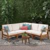 Christopher Knight Home Perla 5 Piece Patio Furniture Set, 5 Seater Acacia Wood Outdoor Corner Sofa Set, Patio Sectional Sofa Couch with Water Resistant Cushions, Teak+Cream