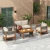 Christopher Knight Home Quixley Acacia Wood 4 Piece Patio Furniture Set, Wooden Patio Conversation Set with Club Chair and Coffee Table, 4-Seater Outdoor Loveseat Sofa Chair and Table Set, Teak+Beige