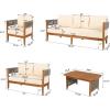 Christopher Knight Home Quixley Acacia Wood 5 Piece Patio Furniture Set, Large Wooden Patio Conversation Set with Club Chair+Coffee Table, 7-Seater Outdoor Loveseat Sofa Chair and Table Set,Teak+Beige