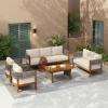 Christopher Knight Home Quixley Acacia Wood 5 Piece Patio Furniture Set, Large Wooden Patio Conversation Set with Club Chair+Coffee Table, 7-Seater Outdoor Loveseat Sofa Chair and Table Set,Teak+Beige