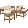 Christopher Knight Home Quixley Acacia Wood 5 Piece Patio Furniture Set, Large Wooden Patio Conversation Set with Club Chair+Coffee Table, 7-Seater Outdoor Loveseat Sofa Chair and Table Set,Teak+Beige