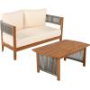 Christopher Knight Home Quixley Outdoor Acacia Wood Loveseat and Coffee Table Set with Cushions, Wooden Patio Conversation Set with 2 Seater Couch+Coffee Table, Chat Set for Balcony Garden, Teak+Beige