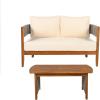 Christopher Knight Home Quixley Outdoor Acacia Wood Loveseat and Coffee Table Set with Cushions, Wooden Patio Conversation Set with 2 Seater Couch+Coffee Table, Chat Set for Balcony Garden, Teak+Beige