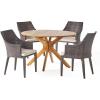Christopher Knight Home Ryan Outdoor 5 Piece Multibrown Wicker Round Dining Set with Teak Finished Acacia Wood Table and Light Brown Water Resistant Cushions