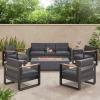 Giovanna Outdoor 7 Seater Chat Set with Fire Pit – Aluminum – Black/Natural/Dark Gray
