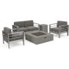 Christopher Knight Home Cape Coral Outdoor Aluminum Chat Set with Fire Table, Khaki / Light Grey