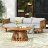 Christopher Knight Home Claremont Patio Sofa and Coffee Table Set, 2 Piece Outdoor Patio Furniture Set with Cushion, Acacia Wood 3 Seater Outdoor Sofa Daybed and Coffee Table Set, Teak+Beige(Teak+light Grey)
