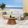 Christopher Knight Home Claremont Patio Sofa and Coffee Table Set, 2 Piece Outdoor Patio Furniture Set with Cushion, Acacia Wood 3 Seater Outdoor Sofa Daybed and Coffee Table Set, Teak+Beige(Teak+light Grey/Wicker)
