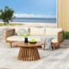 Christopher Knight Home Claremont Patio Sofa and Coffee Table Set, 2 Piece Outdoor Patio Furniture Set with Cushion, Acacia Wood 3 Seater Outdoor Sofa Daybed and Coffee Table Set, Teak+Beige(Teak+beige/Wicker)