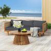 Christopher Knight Home Claremont Patio Sofa and Coffee Table Set, 2 Piece Outdoor Patio Furniture Set with Cushion, Acacia Wood 3 Seater Outdoor Sofa Daybed and Coffee Table Set, Teak+Beige(Teak+dark Grey/Wicker)